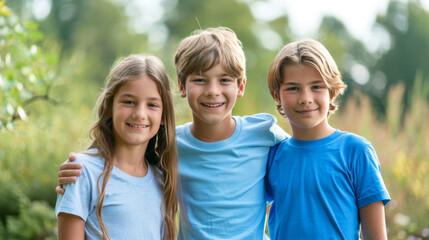 Obraz premium Three children, two boys and a girl, are smiling at the camera while standing together in a park. The background is out of focus and shows a grassy field and trees