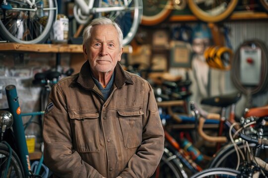 A distinguished elderly man stands proudly amidst various bicycles in his workshop