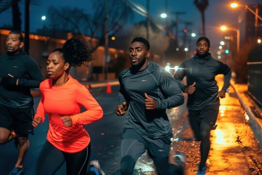 An intense group of runners are captured in a night running session on a city street