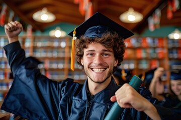 Fototapeta premium Exuberant male graduate in ceremonial robe, holding a diploma and raising fist in library setting