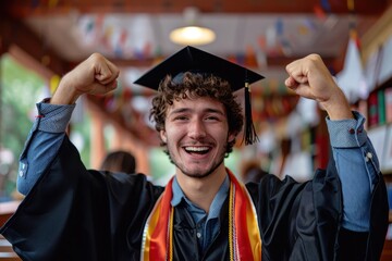 Happy graduate in black robe with fists raised in triumph, celebrating academic success in a library