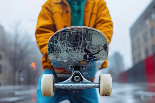 A person in a yellow jacket is holding a weathered skateboard with cityscape background