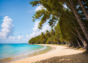 Tropical beach with palm trees. Generative AI