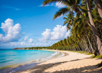 Tropical beach with palm trees. Generative AI