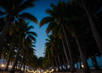 Pathway on the beach with coconut trees. Generative AI