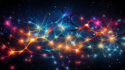 Colorful Abstract Illustration of a Neural Network with Glowing Synapses, Depicting Brain Communication and Connectivity with Illuminated Neurons.