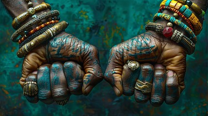 Fototapeta premium A close-up image of two fists, each adorned with elaborate jewelry, against a teal background