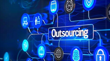 Hiring people Outsourcing human resources  Digital display with "Outsourcing" prominently shown