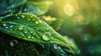 Close up macro photography of dew drops on foliage in the early morning sunlight ideal background wallpaper for design