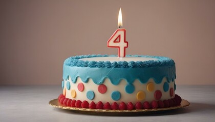 birthday cake with a number 4 candle in a solid light color background
