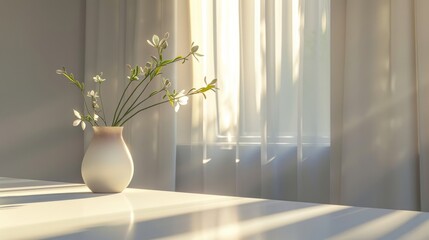 Vase with flowers on a sunlit table, angle view. Minimalist and serene interior decor concept
