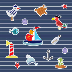 Set of stickers. Sea inhabitants ship. Parrot and seagull, lighthouse, whale and fish. Starfish and shells, a bottle with a letter. For diaries and planners, scrapbooking. Vector illustration