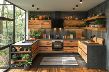 Panoramic Black and Wooden Kitchen