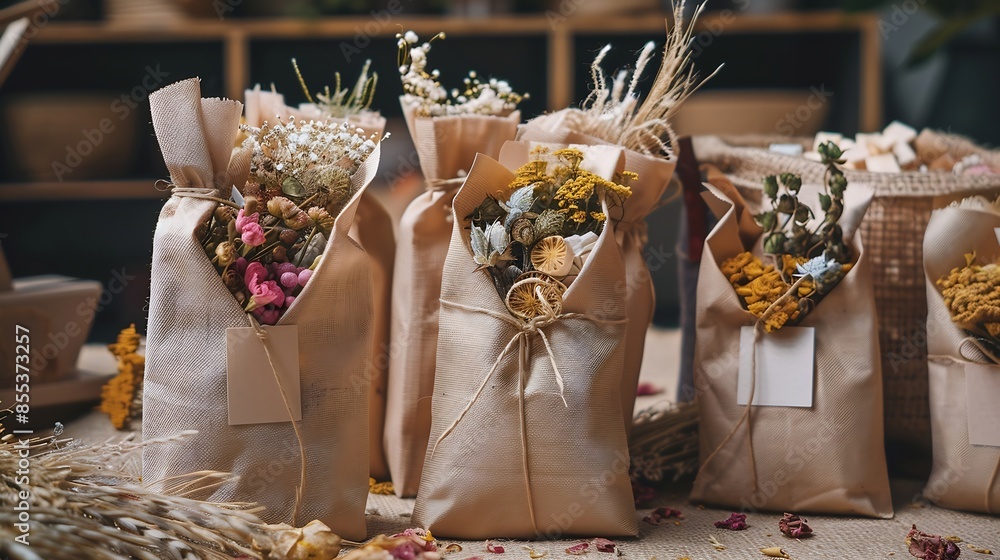 Wall mural Wedding favors packaging in craft bags with custom label and dry flowers decoration ecological party diy handmade souvenirs in natural color : Generative AI