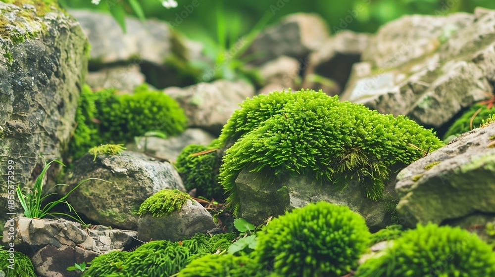 Poster beautiful bright green moss grown up cover the rough stones and on the floor in the forest show with