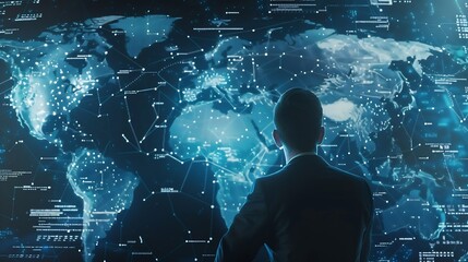 Tech driven Global Business Businessman embraces technology as he analyzes big data for business intelligence composition of world map digital links emphasizes interconnectedness of gl : Generative AI