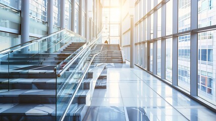 A wide staircase along the large windows in an office building Modern interior of the lobby of an office building with large spacious windows Illuminated long corridor in a modern busi : Generative AI