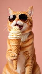 cute cat in sunglasses eating ice cream on a peach color background with copy space. Cat is licking the cone of delicious vanilla soft ice cream and tongue out. banner with copy space area for summer