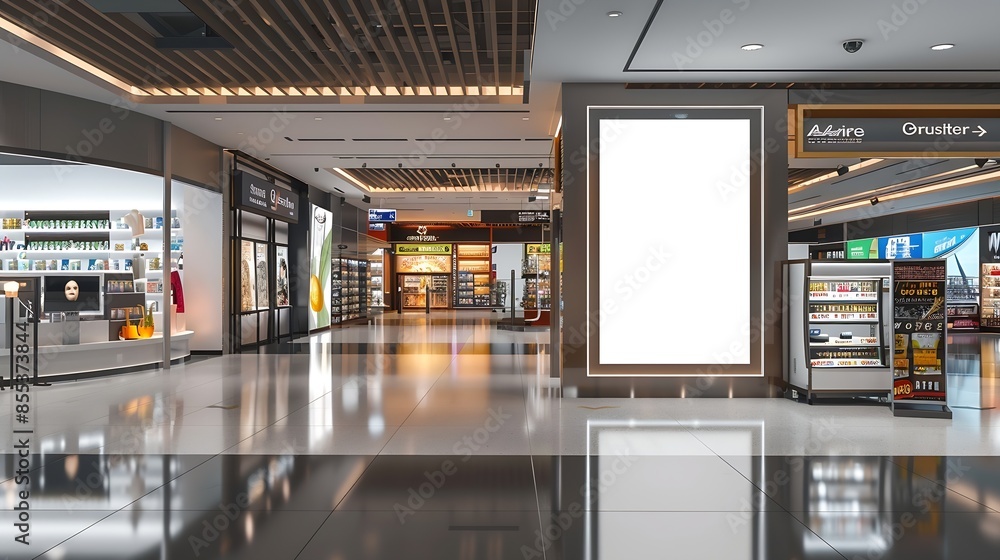 Aufkleber sign and billboard mockup at duty free shop in departure terminal to promote your business or organi