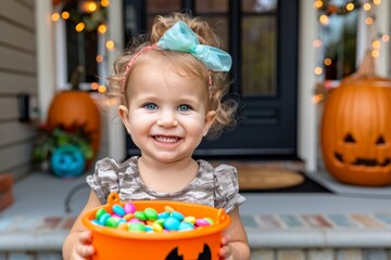 Fototapeta premium Child superhero with overflowing pumpkin bucket on festive porch for halloween trick or treating