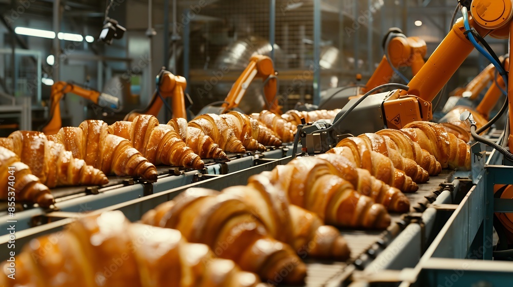 Leinwandbilder Mechanical robots take semifinished products from conveyor belt and put them into containers Mechanical robots replacing human labor in factory Mechanical robots in mass production Fre : Generative AI