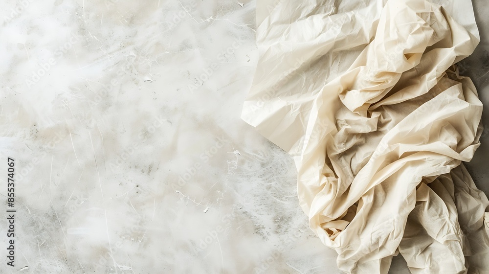 Poster top view with baking parchment empty on table background folded cloth for mockup with copy space fla
