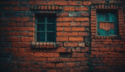Aged brick wall with weathered window frames
