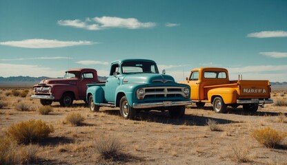 Vintage trucks in desert with vibrant colors