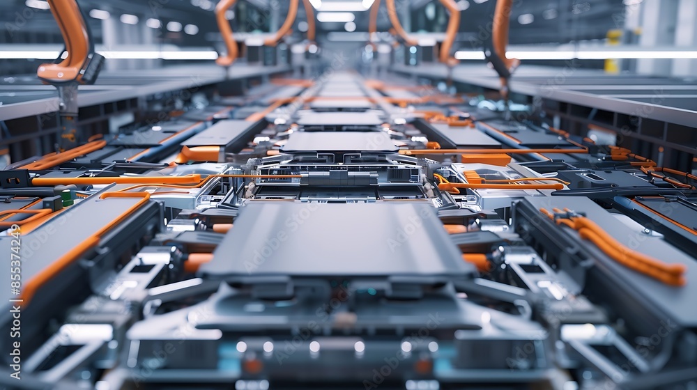 Poster modern ev factory on automated production line robot arms transporting automotive battery modules on