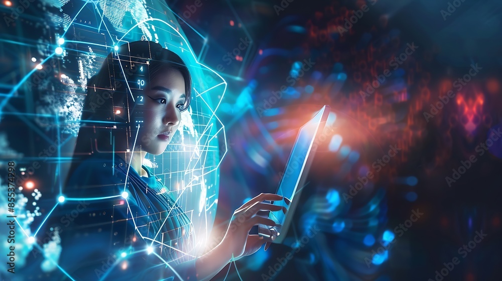 Poster Digital technology global internet network connection big data digital marketing IoT internet of things Woman using modern computer surfing internet futuristic technology background : Generative AI