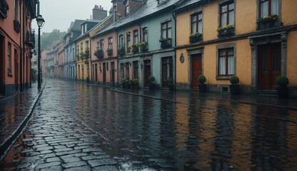 Naklejka premium Rainy cobblestone street in old European town