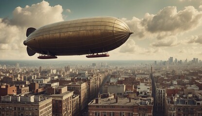 Airship flying over a modern cityscape