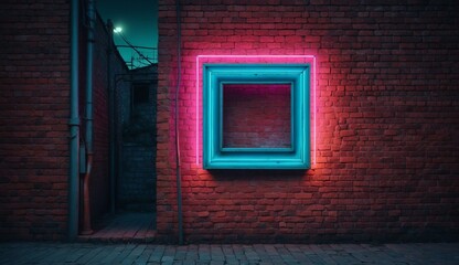 Fototapeta premium Pink neon light framing window on brick wall