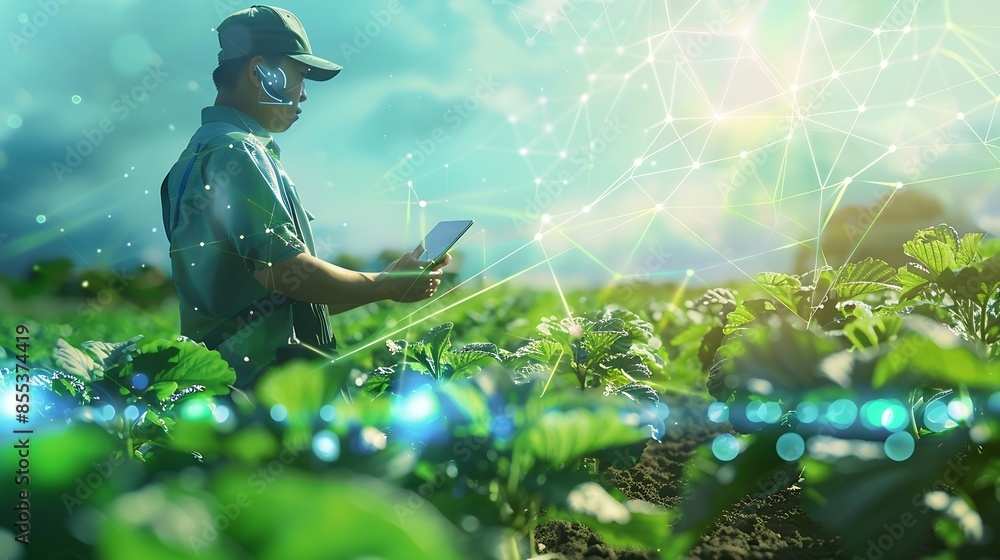 Fototapete agriculture and modern technology farmer using smart farming technologies using ai : generative ai