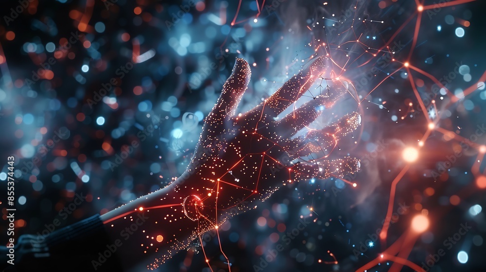 Poster The person showing AI technology that connects information to various systems concepts management digital transformation Internet of Things Big Data and Business Processes Automated Op : Generative AI