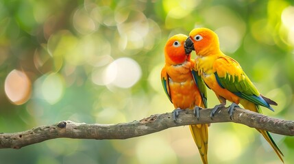 Sun parakeet pair in love kissing each other on a branch Aratinga solstitialis Parrots with yellow red plumage : Generative AI