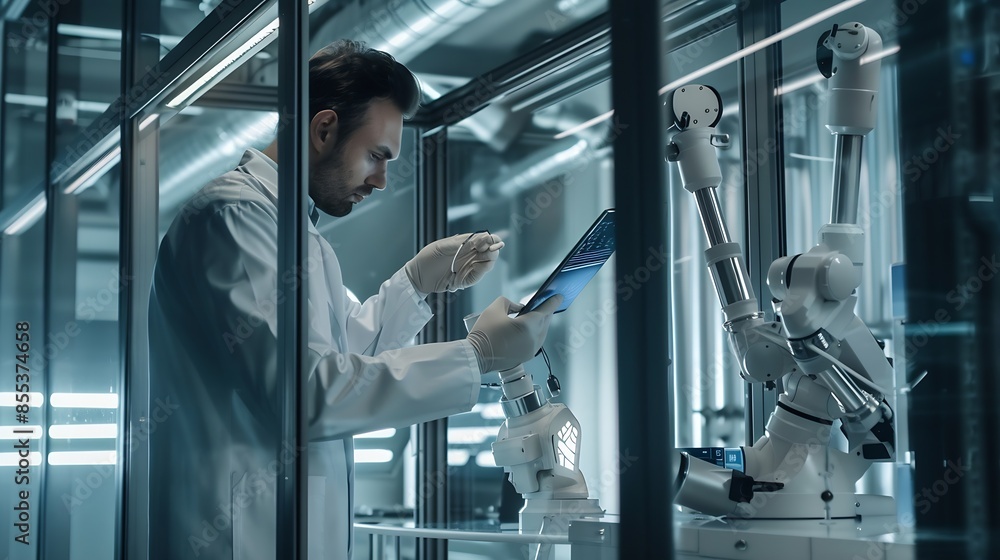 Poster scientist with tablet pc examining robotic arm in glass cabinet : generative ai