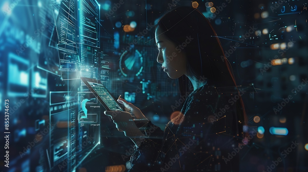 Aufkleber Thinking code hologram and woman with tablet data analysis digital technology and software overlay at night Programmer or Indian person with 3d screen programming stats and cybersecuri : Generative AI