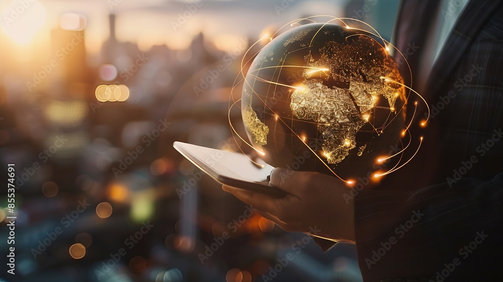 Poster Internet technology global business concept Businessman using digital tablet with global network connection on social networking and customer data analytics Business strategy and digit : Generative AI