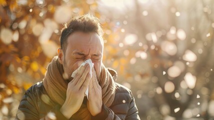 A man sneezes into a tissue in a sunlit autumn park, surrounded by falling leaves, highlighting seasonal allergies.