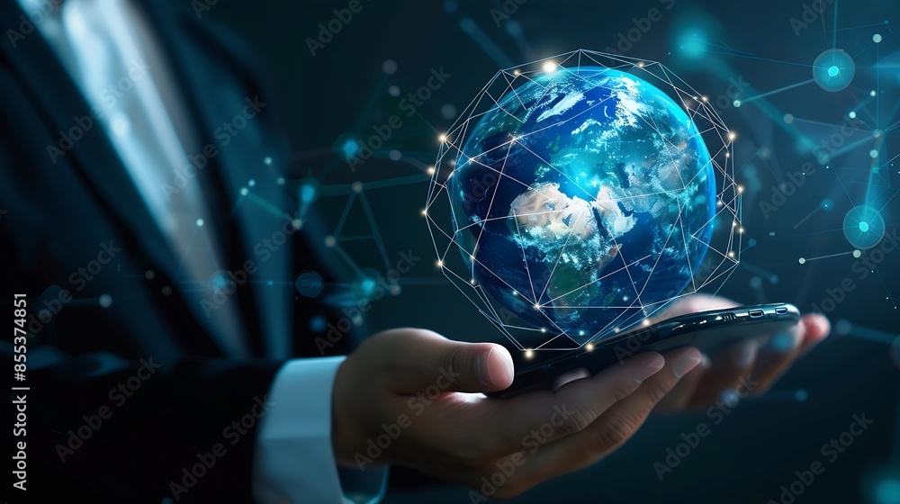 Leinwandbilder businessman holding smartphone with virtual global internet connection global internet connection ap