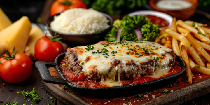Parmegiana Steak also known as Filet Parmegiana in a wood plate on a rustic wooden background, cheese and tomato sauce. Soft light, angle view.