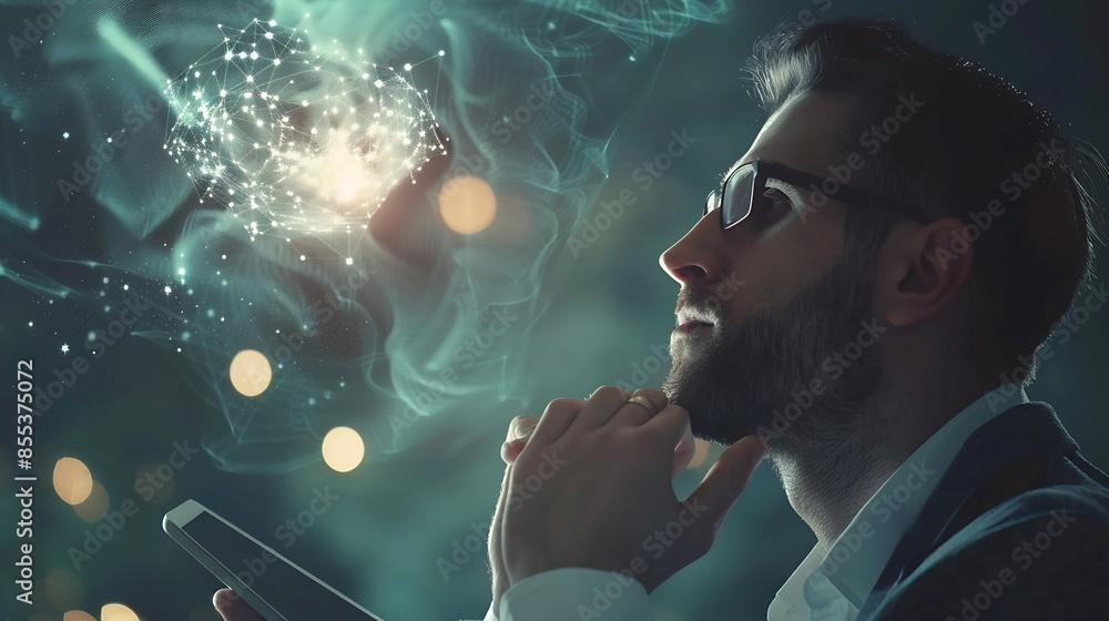 Poster Business thinking and man with tablet ideas or opportunity with decision choice or laptop Person financial advisor or employee with tech thoughts or problem solving with solution or di : Generative AI