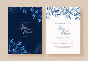exotic blue leaves watercolor with dark on wedding invitation card