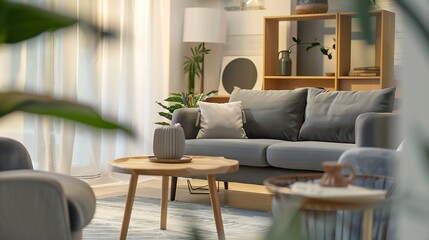Interior of light living room with  grey sofa armchair and wooden coffee table : Generative AI