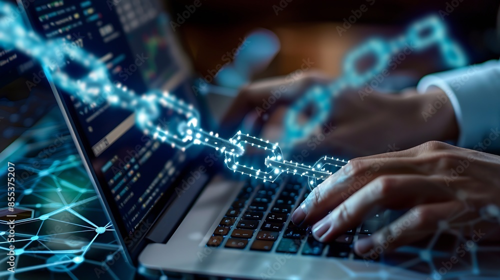 Aufkleber Blockchain technology transaction concept Businessman use laptop on blockchain global networking data network connect Internet cyber security binary coded Crypto chain blockchain techn : Generative AI
