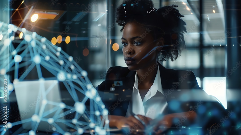Aufkleber Black woman working in office and communication network concept ICT Information Communication Technology Cloud computing System engineering : Generative AI