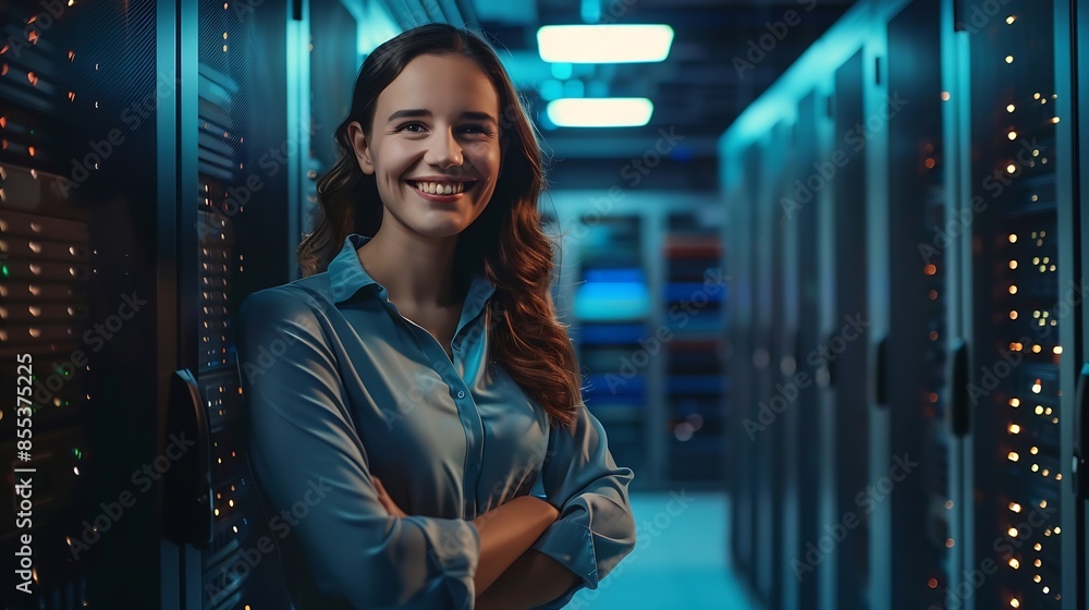 Leinwandbilder server room portrait or happy woman technician for online cybersecurity update or machine system it 