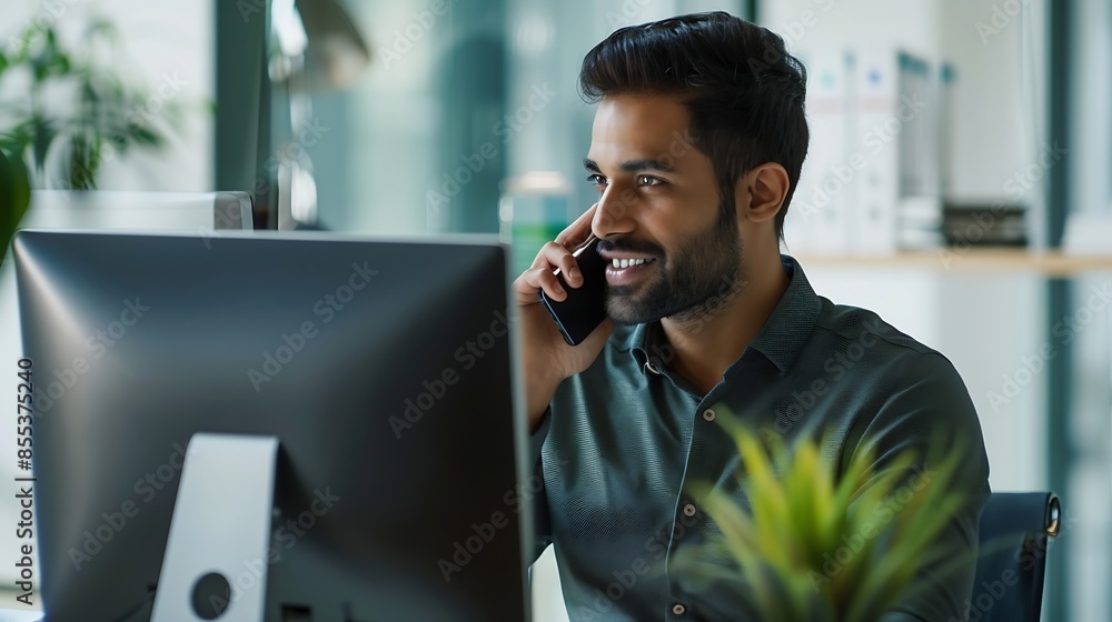 Aufkleber business professional having a phone call business man analyzing data using computer while talking o