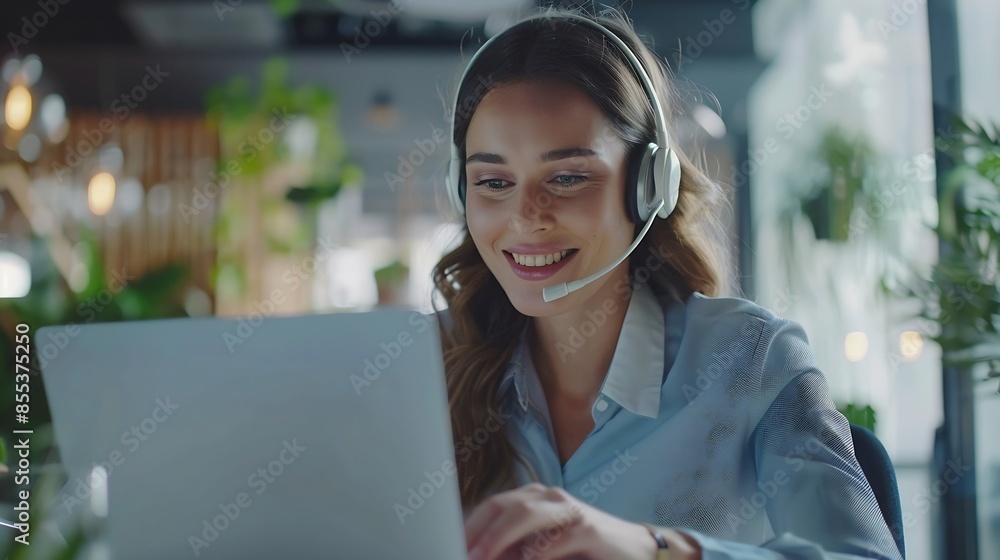 Poster Smiling caucasian business woman with headset working on a laptop in a call center on the line Happy female working in a busy customer service department and taking notes while talking : Generative AI